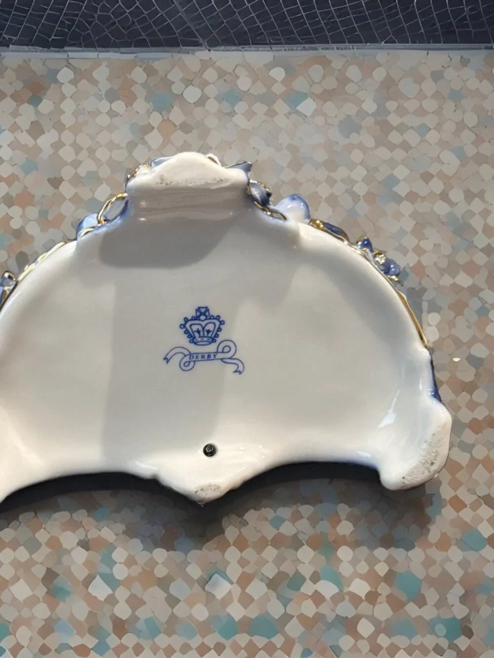 Antique Porcelain Derby Double Salt Cellar Cherub Blue & Gold